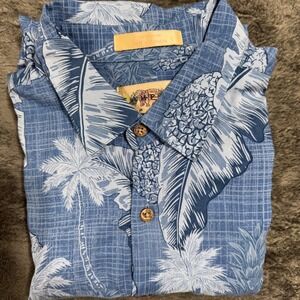 Campia Moda Hawaiian Shirt Mens Large Blue Tropical Palm Pineapple Rayon 1435